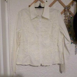 Anne Fontaine Cotton Mesh Ruffle Zip Up Shirt Sz L